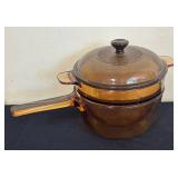 LR - Brown Glass Double Boiler with Lid with Bowl
