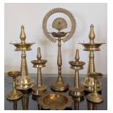 LR - Brass Candle Holder Set With Sun Ring And Peacock Motif - Tallest 15 in