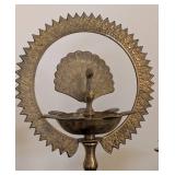 LR - Brass Candle Holder Set With Sun Ring And Peacock Motif - Tallest 15 in