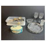 Vintage Kitchenware and Glassware Assortment, Droste Tin, Glass Dishes, Scoops