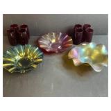 Collection of 3 Iridescent Signed Glass Bowls and 8 Ruby Red Glass Tumblers