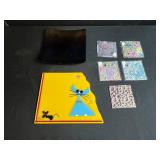 Fused Signed Art Glass Set with Cat and Mouse Plate, Iridescent Square Tray, and Dichroic Glass Tiles