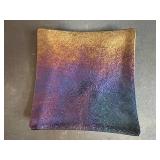 Fused Signed Art Glass Set with Cat and Mouse Plate, Iridescent Square Tray, and Dichroic Glass Tiles
