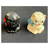 Vintage Decorative Collection: Green Glass Vase, Fenton Pink Milk Glass Vase, Cat and EFCCO Fish Salt & Pepper Shakers