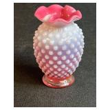 Vintage Decorative Collection: Green Glass Vase, Fenton Pink Milk Glass Vase, Cat and EFCCO Fish Salt & Pepper Shakers