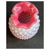 Vintage Decorative Collection: Green Glass Vase, Fenton Pink Milk Glass Vase, Cat and EFCCO Fish Salt & Pepper Shakers