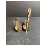 Collection of Vintage Table Clocks, Open Pan Oil Lamps, Glass Mixer, and Carved Wooden Stand