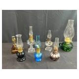Collection of 8 Vintage Miniature Oil Lamps Assorted Glass Designs