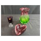 Art Glass Collection with Fostoria Goblet, Pink-Green Vase, and Heart Paperweight