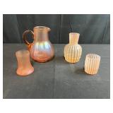 Fenton Cameo Opalescent Rib Optic Glass Pitcher and Tumbler and Iridescent Peach Satin Glass Pitcher and Tumbler