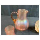 Fenton Cameo Opalescent Rib Optic Glass Pitcher and Tumbler and Iridescent Peach Satin Glass Pitcher and Tumbler