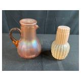 Fenton Cameo Opalescent Rib Optic Glass Pitcher and Tumbler and Iridescent Peach Satin Glass Pitcher and Tumbler