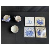 Assorted Decorative Blue and White Ceramic Lot with Creamer, Sugar Bowl, and Dutch Tiles Inc McClaine