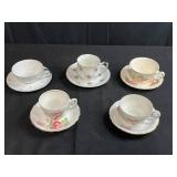 Set of 5 Vintage Porcelain Tea Cups and Saucers Assorted Floral Patterns