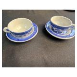 Vintage Blue Willow Japan Tea Cups, Saucers, and Shenango China Plates Collection