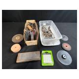 Lot of Assorted Grinder Wheels, Sharpening Stone, Hardware and Vinyl Bumpers