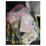Crafting Supplies Lot with Plaid Fabric, Stencils, Playing Cards, and Scrapbooking Materials