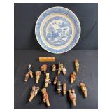 19" Blue Willow Tin Platter 16 Inch with Collection of Vintage Wooden Bottle Stoppers