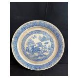 19" Blue Willow Tin Platter 16 Inch with Collection of Vintage Wooden Bottle Stoppers