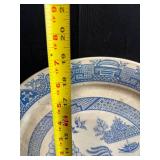 19" Blue Willow Tin Platter 16 Inch with Collection of Vintage Wooden Bottle Stoppers