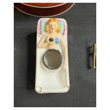 Vintage Trinket and Decor Collection with Metal Letters, Tin, Music Box, and Figurine