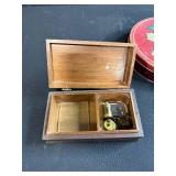 Vintage Trinket and Decor Collection with Metal Letters, Tin, Music Box, and Figurine