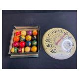 Boxed Set of Billiard Balls and Springfield Wall Thermometer Face