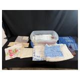 Large Collection of Vintage Embroidered and Lace Linens in Storage Tote