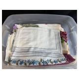 Large Collection of Vintage Embroidered and Lace Linens in Storage Tote