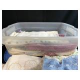 Large Collection of Vintage Embroidered and Lace Linens in Storage Tote