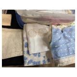 Large Collection of Vintage Embroidered and Lace Linens in Storage Tote