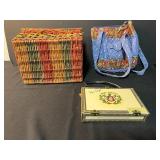 Collection of 3 Handbags and Storage Items - Autographed Don Diego Cigar Box, Woven Basket, Vera Bradley Quilted Purse