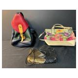 Collection of 3 Handbags: Relic Floral Bag, La Tour Eiffel Colorblock Backpack, and Metallic Mesh Purse