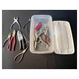 Box of Assorted Hand Tools including Pliers, Cutters, and Multi-Tool