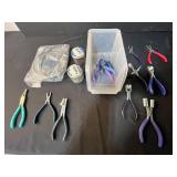 Lot of Assorted Specialty Pliers, Washers, and Metal Rings with Storage Bin