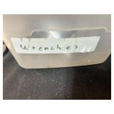 Collection of Mixed Wrenches, Ratchets, and Sockets with Storage Bin