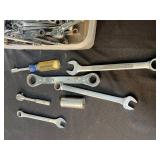 Collection of Mixed Wrenches, Ratchets, and Sockets with Storage Bin