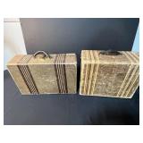 Pair of Vintage Patterned Suitcases with Leather Handles