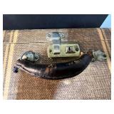 Pair of Vintage Patterned Suitcases with Leather Handles