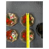 Set of 4 Vintage Floral Glass Coasters with Black Ashtray