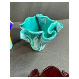 Set of 4 Handcrafted Ruffled Glass Bowls and 2 Green Glass Serving Spoons