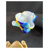 Set of 4 Handcrafted Ruffled Glass Bowls and 2 Green Glass Serving Spoons