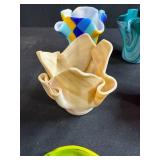 Set of 4 Handcrafted Ruffled Glass Bowls and 2 Green Glass Serving Spoons