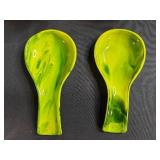 Set of 4 Handcrafted Ruffled Glass Bowls and 2 Green Glass Serving Spoons