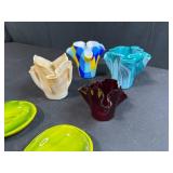 Set of 4 Handcrafted Ruffled Glass Bowls and 2 Green Glass Serving Spoons