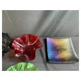 Collection of Decorative Art Glass Bowls and Trays Assorted Colors