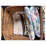 Vintage Woven Picnic Basket with Assorted Retro Table Linens
