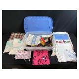 Assorted Vintage Linens and Fabric Pieces in Storage Tote
