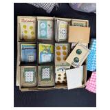 Vintage Gingham Aprons, Handkerchiefs, and Button Lot in Storage Tote