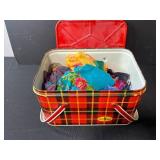 Hot Mon! Plaid Picnic Tin with Vintage Scarves, Doilies, and Sewing Accessories